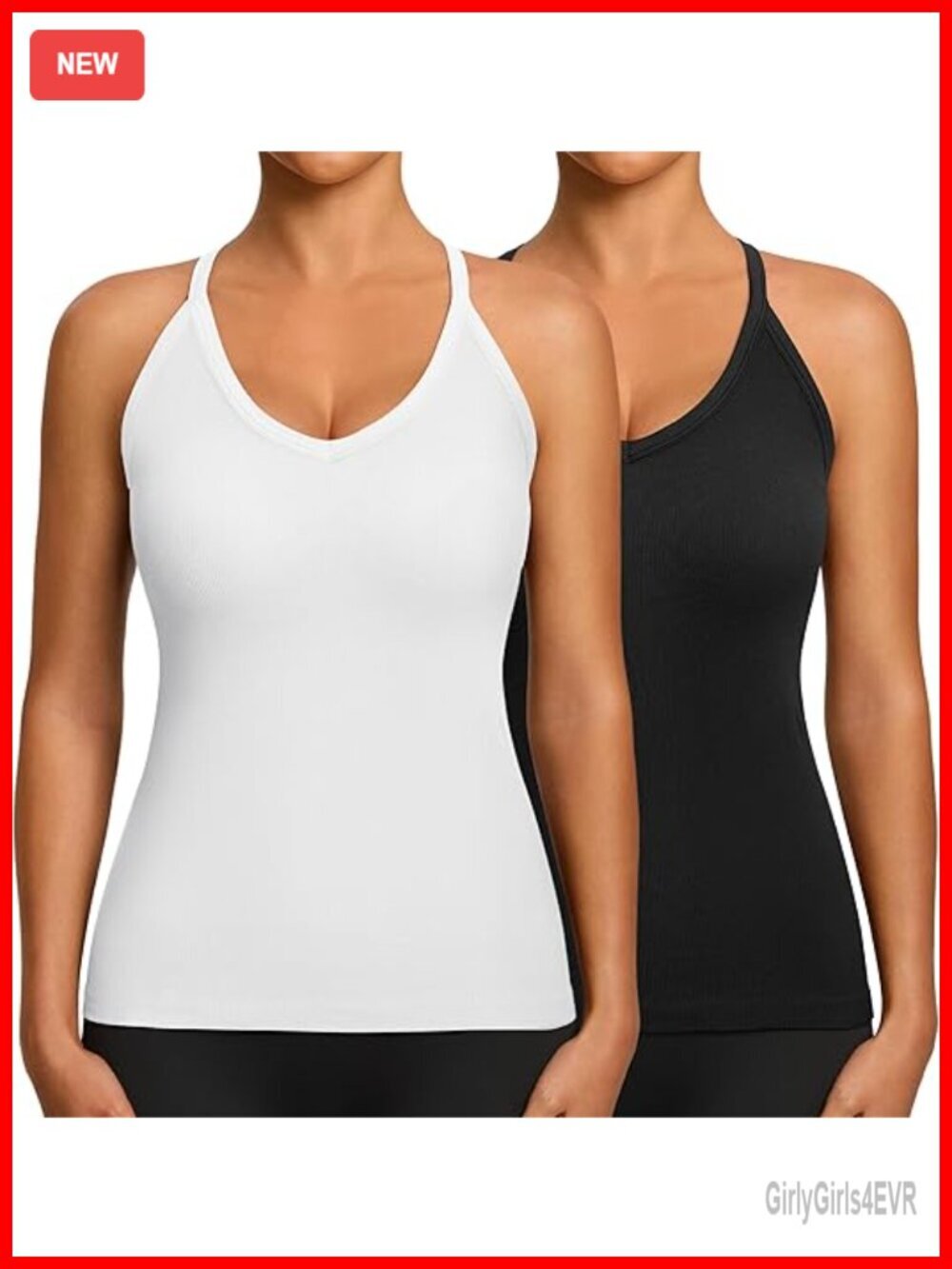 2 Pack Seamless Ribbed Workout Tank Tops with Built in Bra for Women V Neck